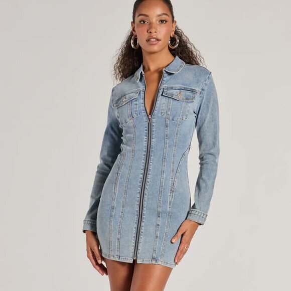 Long Sleeve Denim Mini Dress - Picture 1 of 4